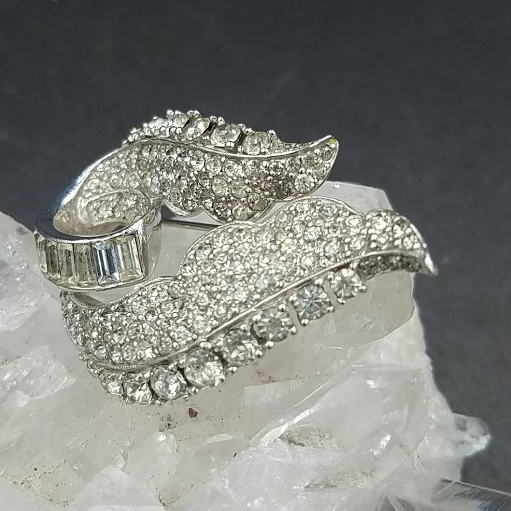 Vintage Jomaz Rhinestone Double  Leaf Brooch